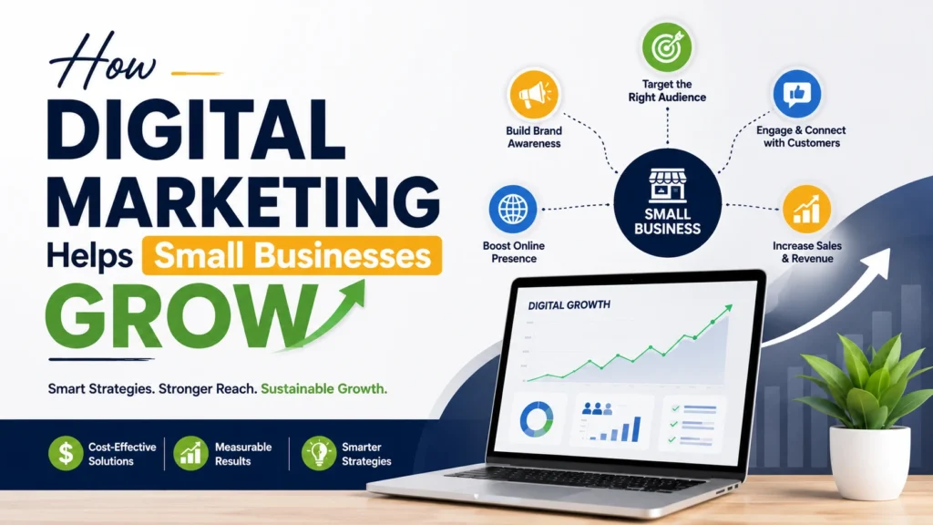 How digital marketing helps small businesses grow by increasing brand awareness, attracting customers, boosting online visibility, and driving sales.