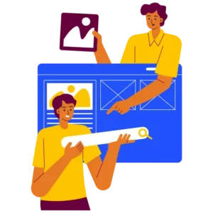 Creative website design illustration showing designers working on webpage layouts and visual elements.