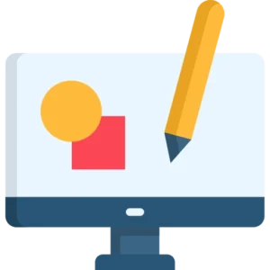 Website design illustration showing a computer monitor with webpage layout elements and a cursor.