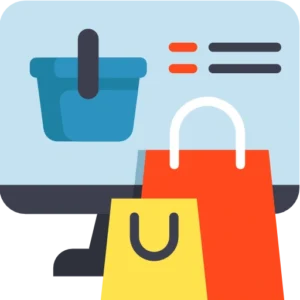 Ecommerce illustration showing shopping bags, a shopping basket, and an online store interface.
