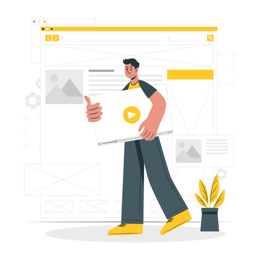 Website wireframing illustration showing a designer holding a video player layout in front of a webpage. Image Description: An illustration