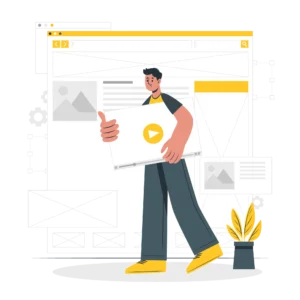 Website wireframing illustration showing a designer holding a video player layout in front of a webpage. Image Description: An illustration